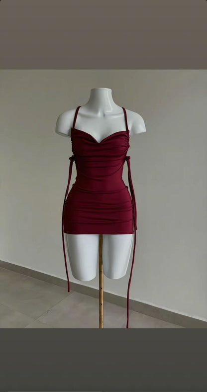 Sexy Bodycon Spaghetti Strap Formal Dress Short Party Dress Satin Burgundy Homecoming Dress ED04100
