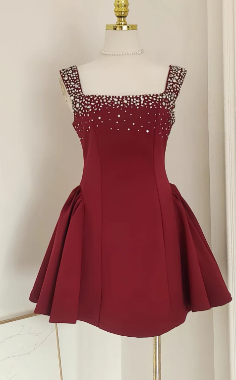 Cute Square Neck A-Line Satin Short Prom Dresses, Burgundy Homecoming Dresses, Sweet Birthday Dresses ED04272