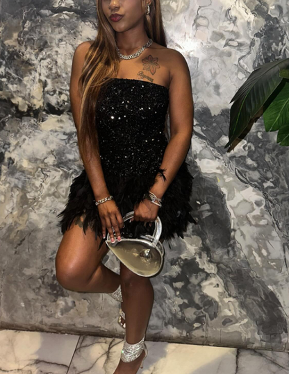 Sexy Strapless Bodycon Short Prom Dresses, Black Homecoming Dresses, Sequined Birthday Dresses ED04273