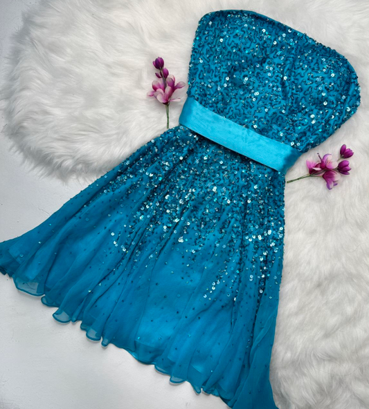 Sparkly Strapless Sheath Beaded Chiffon Short Prom Dresses, Blue Homecoming Dresses ED04355