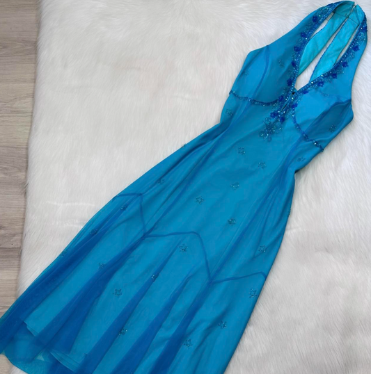 Vintage Halter Sheath Chiffon Beaded Short Prom Dresses, Blue Homecoming Dresses ED04358