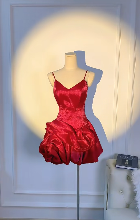 Glam Birthday Dresses V-neck Ball Gown Satin Short Prom DressesBurgundy Homecoming Dresses ED04400