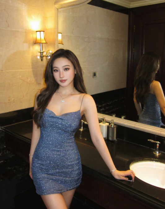 Sparkly Spaghetti Strap Bodycon Short Prom Dresses Navy Blue Homecoming Dresses ED04408