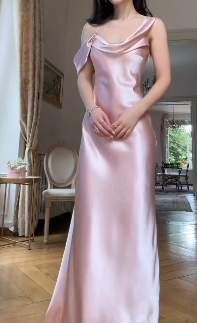 Elegant Sheath Pink Bridesmaid Dresses Satin Pink Evening Dresses ED04486