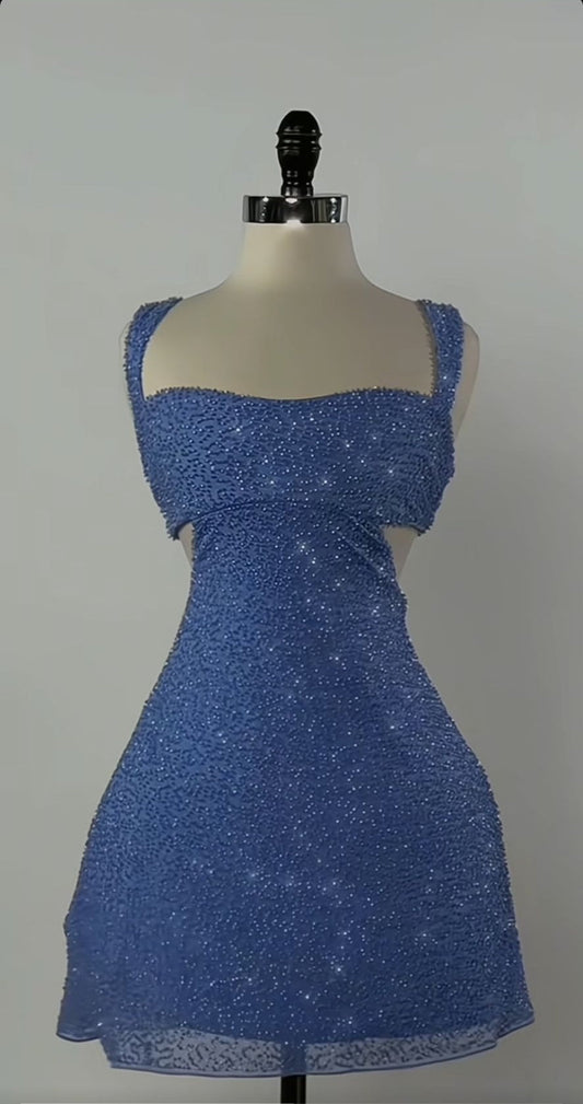 Sexy A-Line Short Prom Dresses Blue Homecoming Dresses Beaded Birthday Dresses ED04539