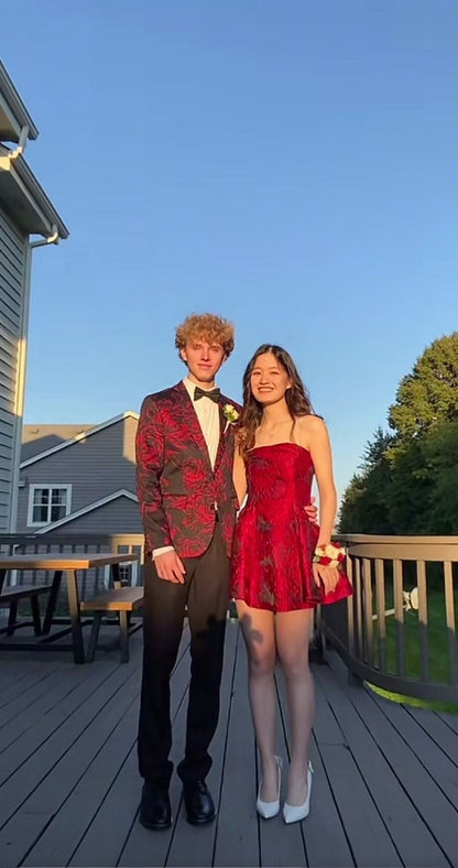 Glam Strapless A-Line Short Prom Dresses Satin Burgundy Homecoming Dresses ED04542