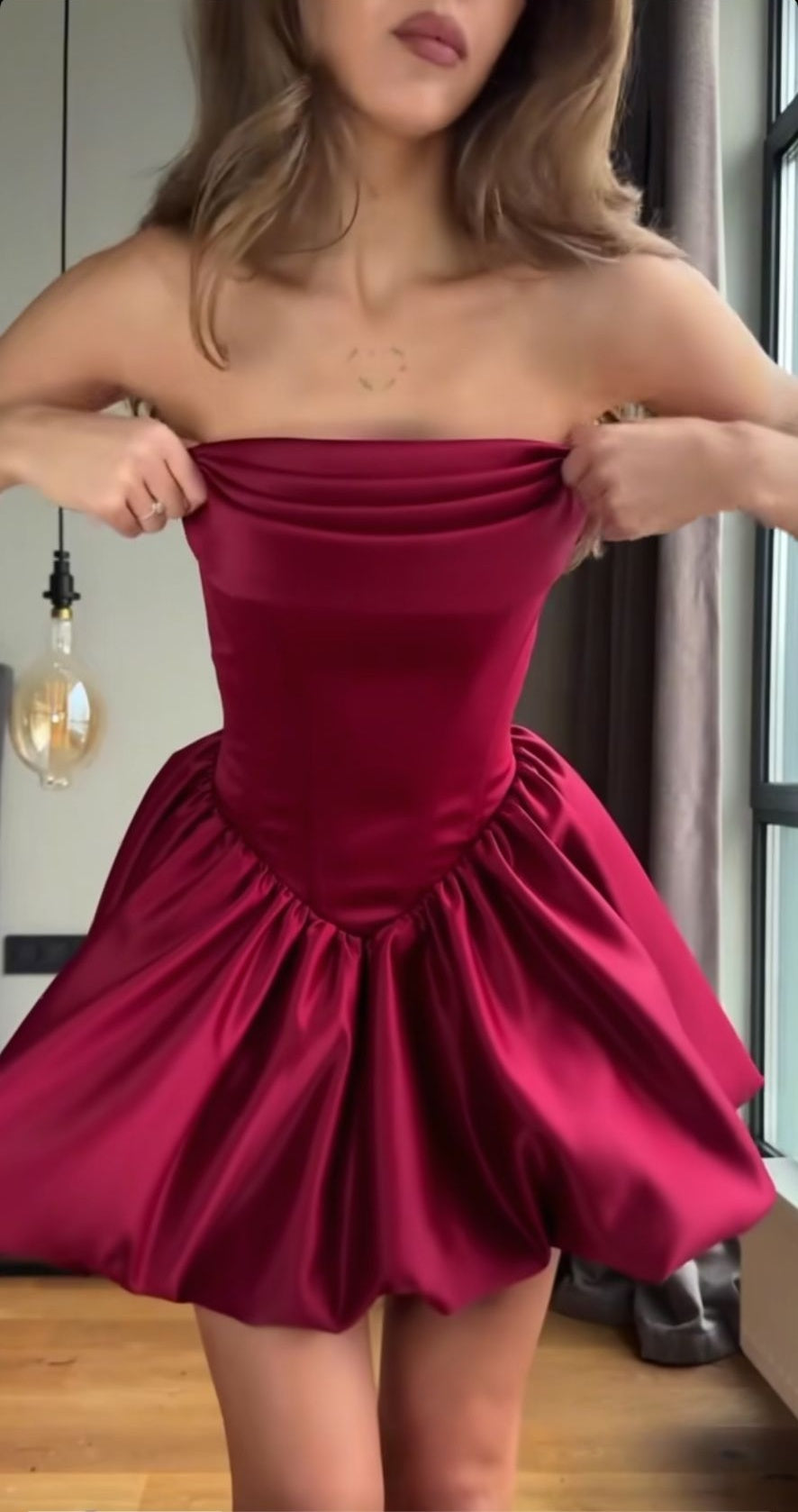 Glam A-Line Short Prom Dresses Satin Burgundy Homecoming Dresses Strapless Birthday Dresses ED04544