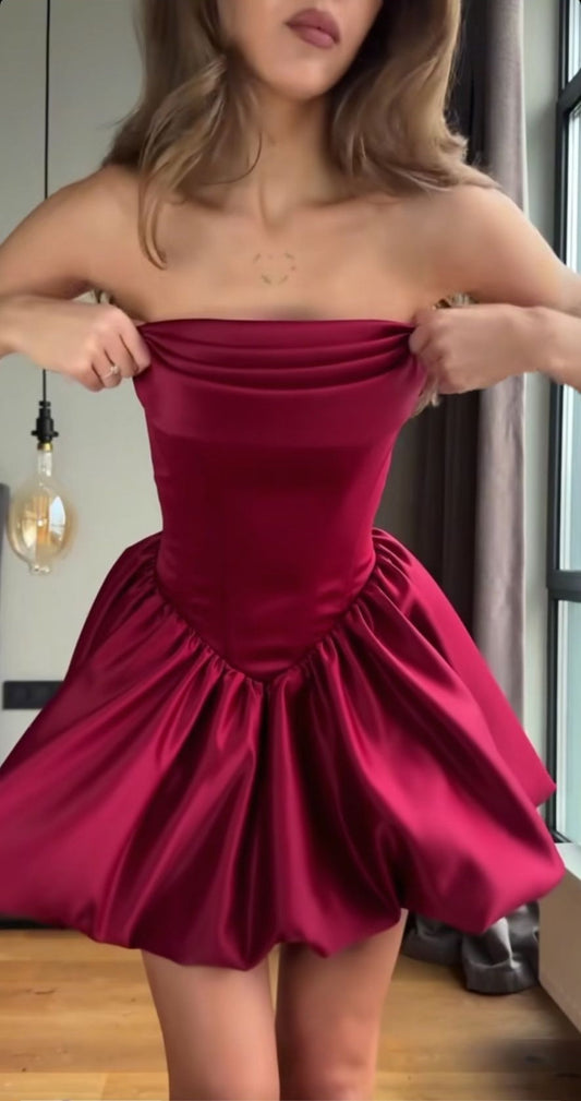 Glam A-Line Short Prom Dresses Satin Burgundy Homecoming Dresses Strapless Birthday Dresses ED04544