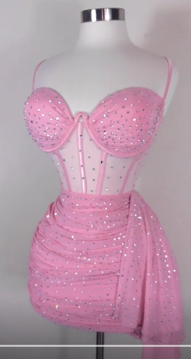 Sexy Spaghetti Strap Tight Homecoming Dress Pink Birthday Dresses Rhinestone Chiffon Short Prom Dresses ED04567