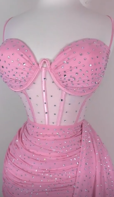 Sexy Spaghetti Strap Tight Homecoming Dress Pink Birthday Dresses Rhinestone Chiffon Short Prom Dresses ED04567