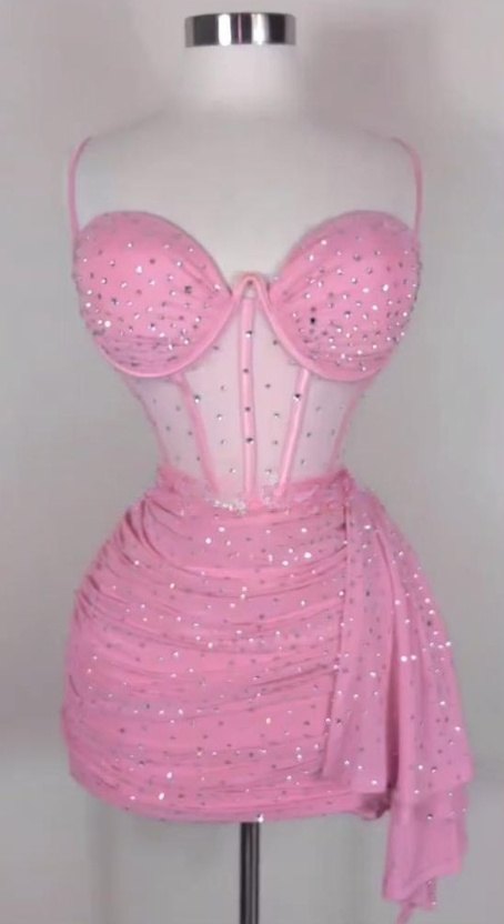 Sexy Spaghetti Strap Tight Homecoming Dress Pink Birthday Dresses Rhinestone Chiffon Short Prom Dresses ED04567