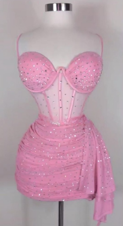Sexy Spaghetti Strap Tight Homecoming Dress Pink Birthday Dresses Rhinestone Chiffon Short Prom Dresses ED04567