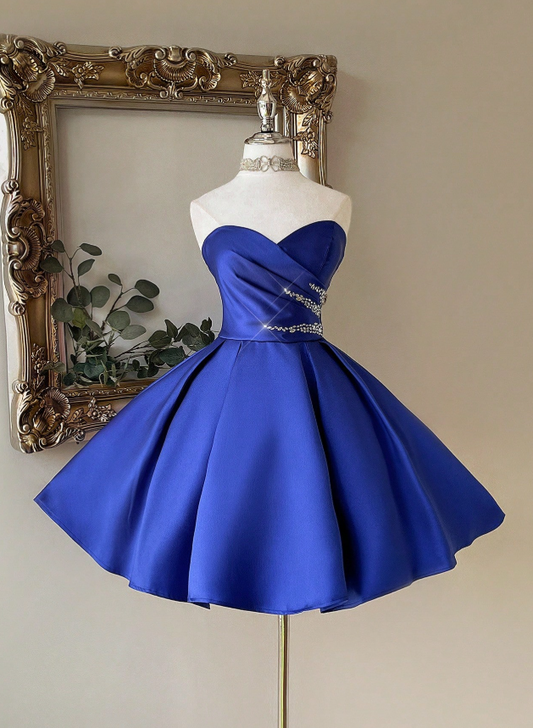 Chic Sweetheart Neck A-Line Birthday Dresses Royal Blue Homecoming Dresses Satin Sleeveless Party Dresses ED04585