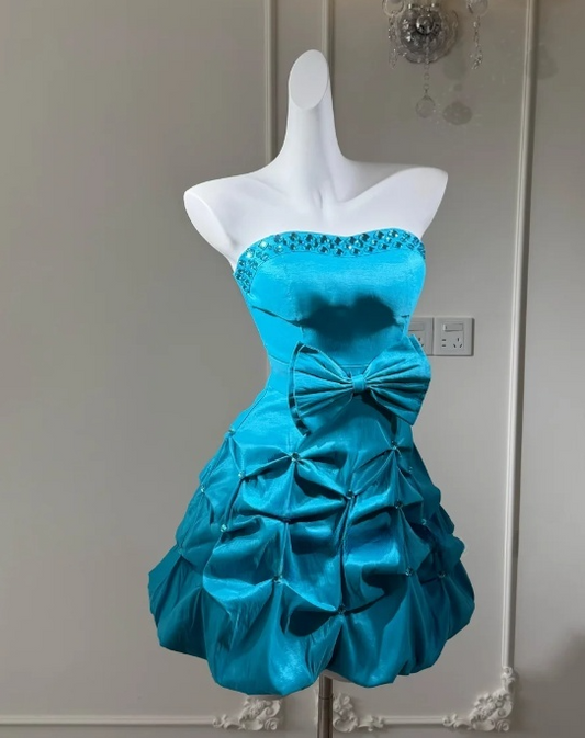 Cute A-line Short Prom Dresses, Taffeta Blue Homecoming Dresses Strapless Birthday Dresses ED04602