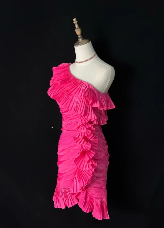 Sexy One Shoulder Tight Homecoming Dresses Pink Short Prom Dresses, Pleated Taffeta Birthday Dresses ED04604