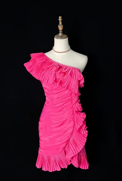 Sexy One Shoulder Tight Homecoming Dresses Pink Short Prom Dresses, Pleated Taffeta Birthday Dresses ED04604