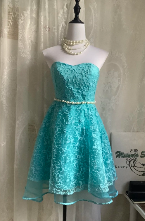 Vintage Strapless A-Line Short Prom Dresses Lace Blue Homecoming Dresses Birthday Dresses ED04627