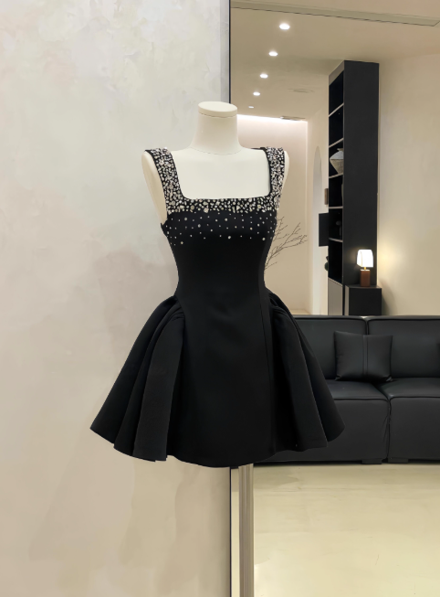 Cute A-Line Black Homecoming Dresses Rhinestone Satin Mini Birtdhay Dresses Square Neck Formal Dresses ED04637