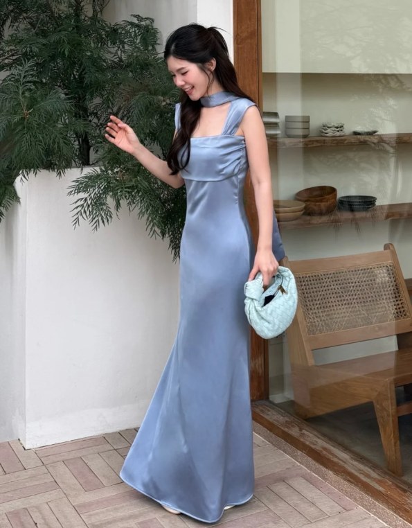 Glam Square Neck Sheath Grey Blue Long Bridesmaid Dresses Satin Grey Blue Wedding Guest Dresses ED04857