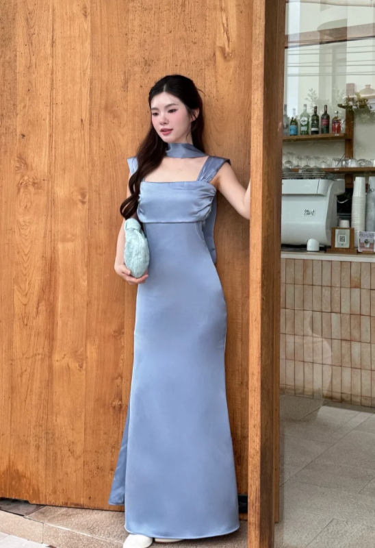 Glam Square Neck Sheath Grey Blue Long Bridesmaid Dresses Satin Grey Blue Wedding Guest Dresses ED04857
