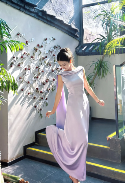 Simple Sheath Satin Purple Bridesmaid Dresses Purple Formal Dresses ED05008