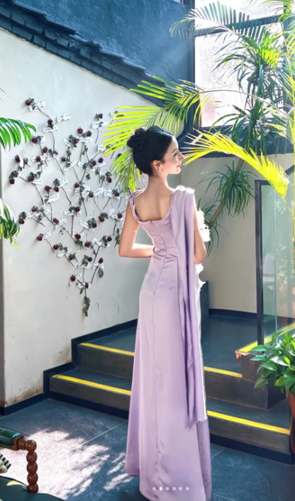 Simple Sheath Satin Purple Bridesmaid Dresses Purple Formal Dresses ED05008