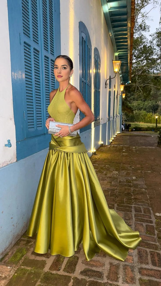 Chic A-Line Olive Green Long Prom Dresses Jewel Satin Wedding Guest Dresses ED05303