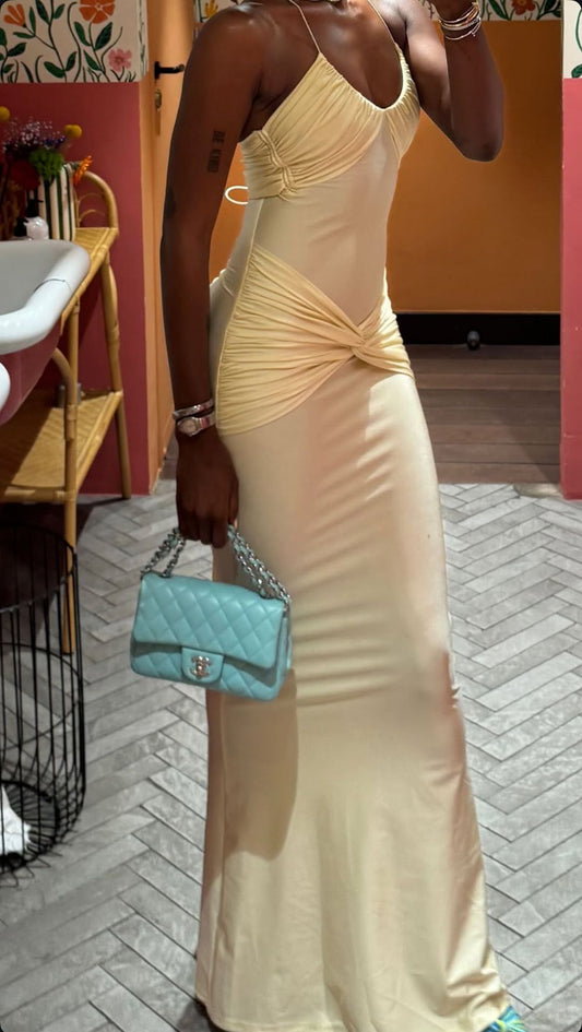 Glam Sheath Long Prom Dresses Halter Satin Yellow Formal Dresses ED05310