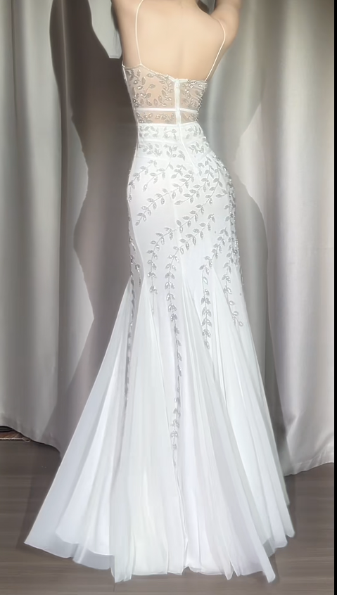 Glam Mermaid White Long Prom Dresses Spaghetti Straps Chiffon White Birthday Dresses ED05314