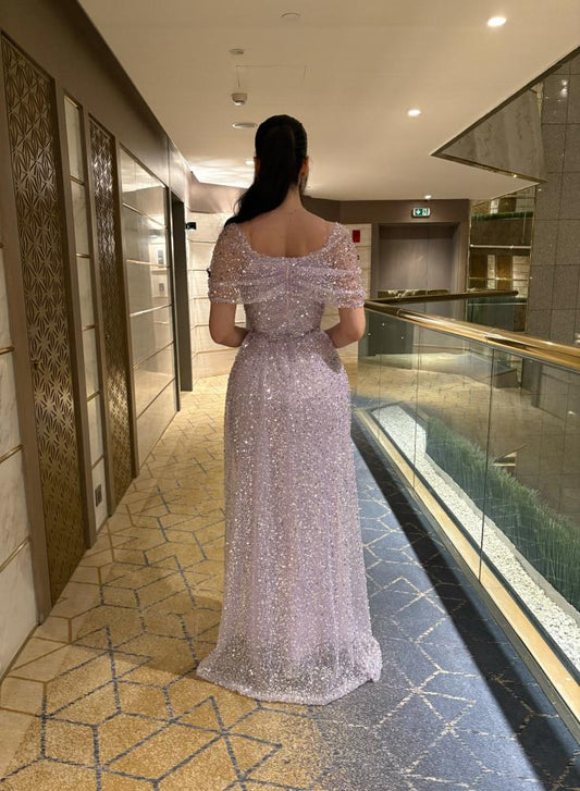 Elegant Sheath Pink Long Prom Dresses Tulle Sequins Birthday Dresses Short Sleeves Formal Dresses ED05325