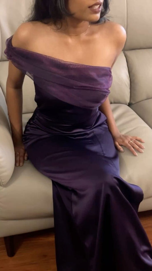 Sexy One-shoulder Sheath Long Prom Dresses, Satin Dark Purple Evening Dresses ED05327