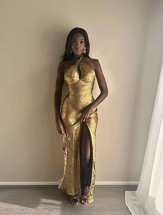 Sexy Halter Sheath Long Prom Dresses, Satin Gold Evening Dresses with Slits ED05329