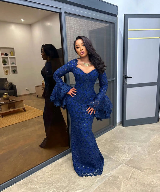 Sexy Sweetheart Sheath Long Prom Dresses, Lace Appliques Navy Blue Evening Dresses ED05360