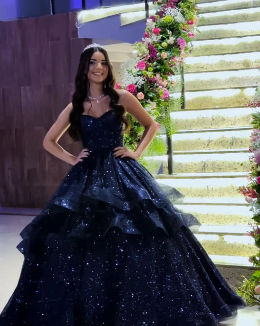 Glitter Sweetheart A-Line Long Prom Dresses,Tulle Navy Blue Birthday Dresses ED05362