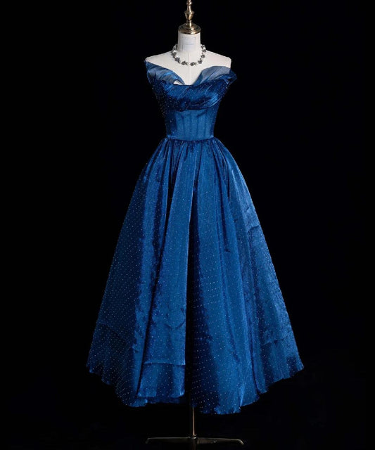 Glitter Strapless A-Line Long Prom Dresses,Satin Beaded Blue Birthday Dresses ED05363