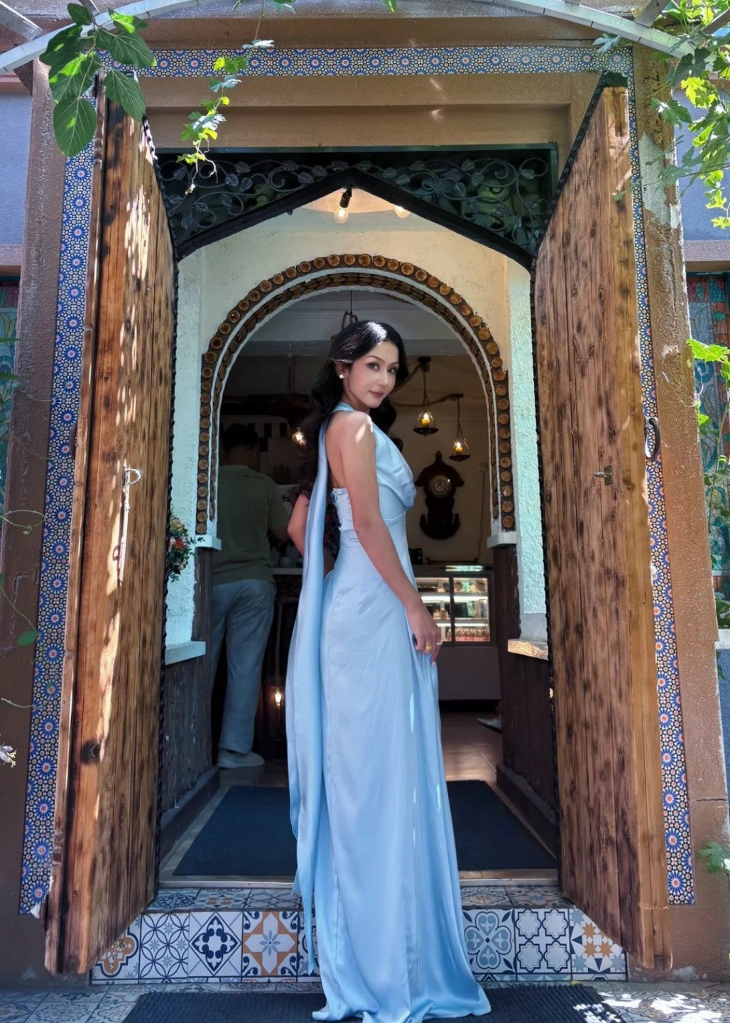 Elegant Sheath Blue Bridesmaid Dresses Satin V-neck  Evening Dresses ED05479