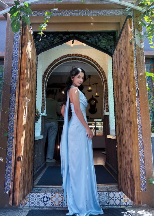 Elegant Sheath Blue Bridesmaid Dresses Satin V-neck  Evening Dresses ED05479