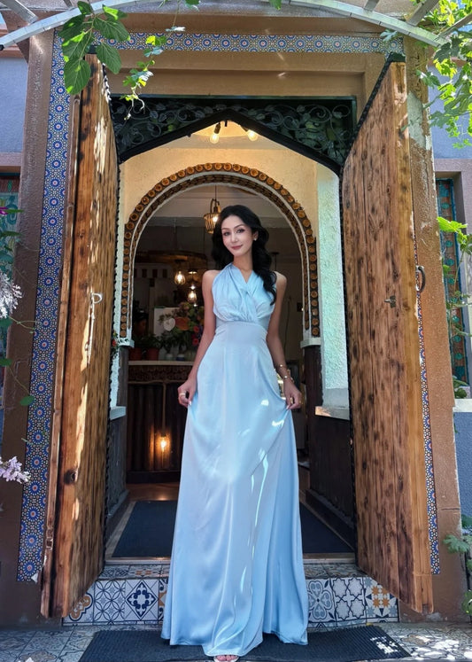 Elegant Sheath Blue Bridesmaid Dresses Satin V-neck  Evening Dresses ED05479