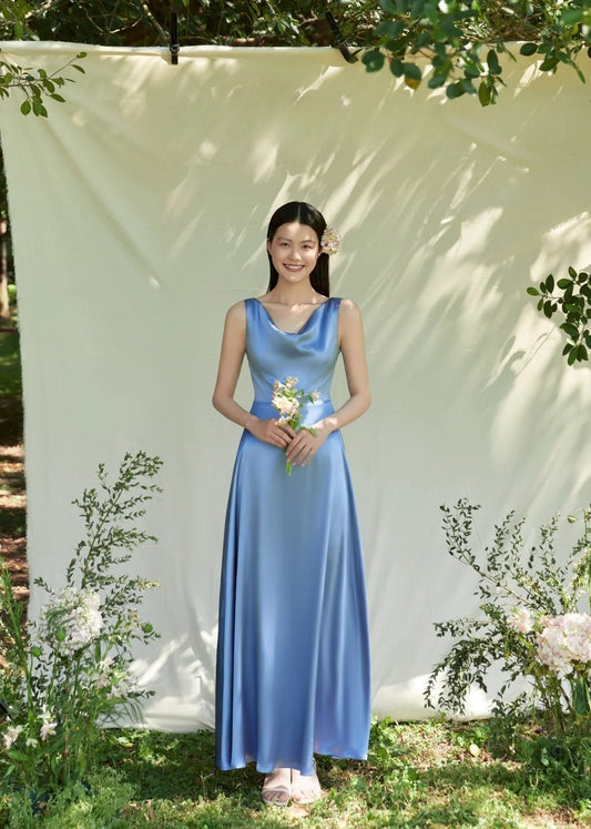 Elegant Sheath Blue Bridesmaid Dresses Satin  Sleeveless Evening Dresses ED05481