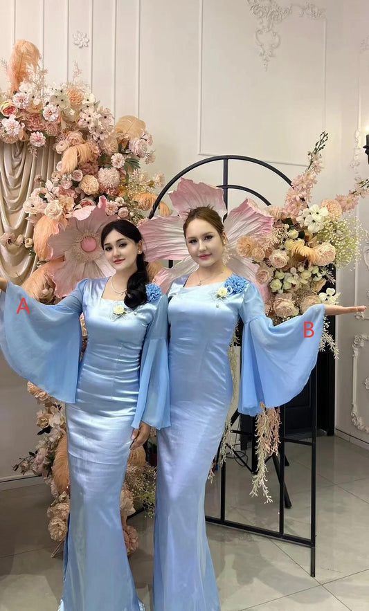 Elegant Sheath Blue Bridesmaid Dresses Satin Evening Dresses ED05482