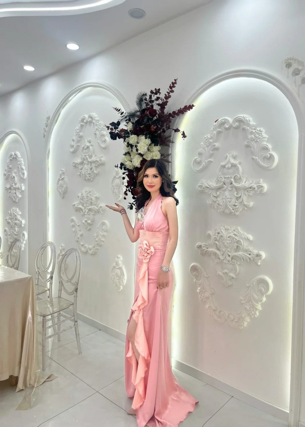 Elegant Sheath Pink Bridesmaid Dresses Satin Sleeveless Evening Dresses ED05483