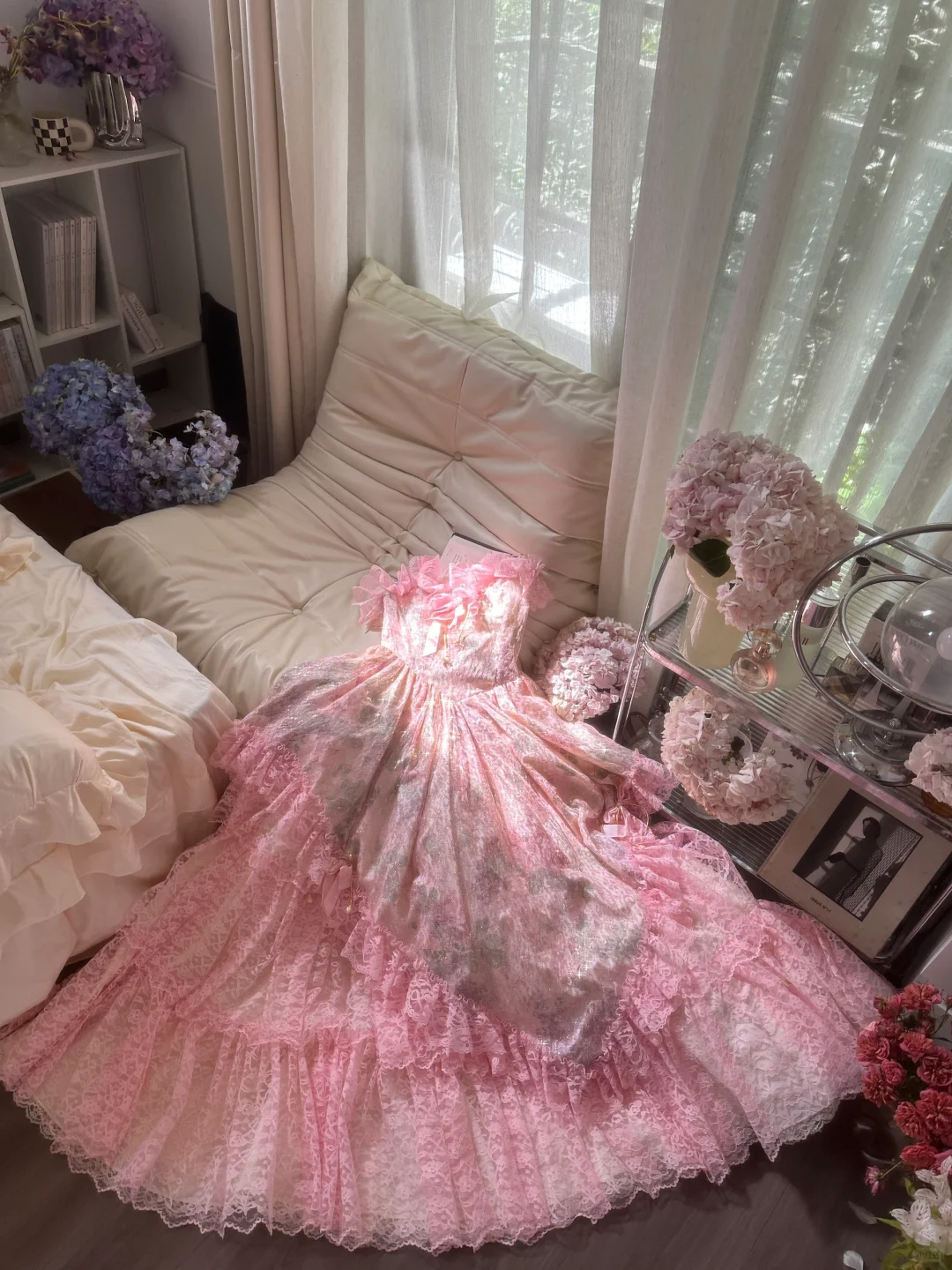 Pink sweet fashion elegant exquisite lace floral long tulle lace princess ball gown evening dress birthday dress adult ceremony dress gh4032