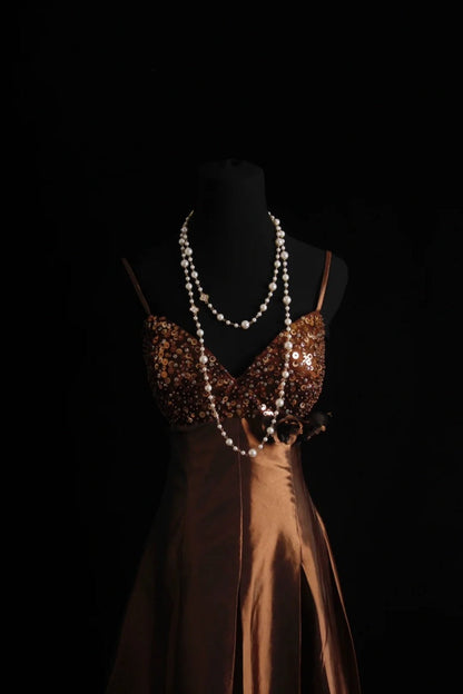 Vintage Spaghetti Strap A-Line Short Prom Dresses Satin Brown Formal Dresses Sequin Homecoming Dresses EP04772