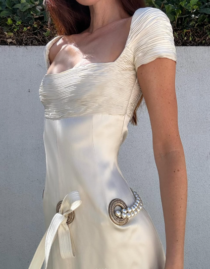 Ivory A Line Square Neck Pearl Satin Short Homecoming Dress with Slit SH2511