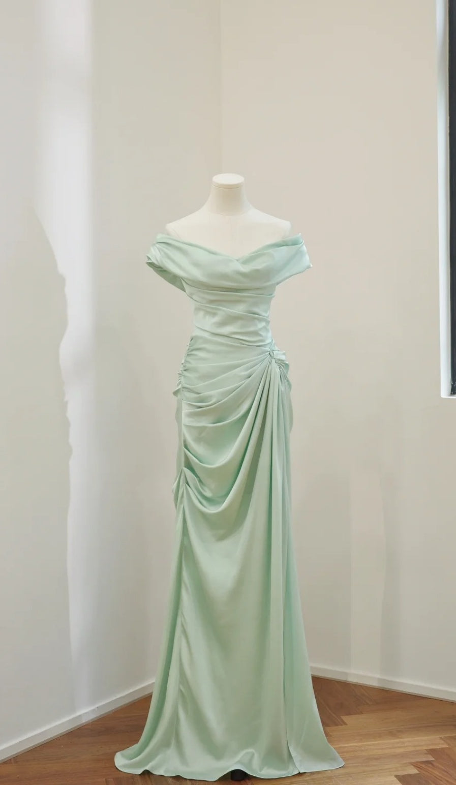 Elegant Off-the-shoulder Sheath Satin Formal Dresses, Mint Green Bridesmaid Dresses EW051