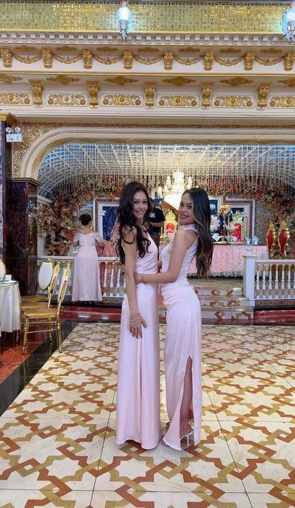 Elegant Pink Sheath Satin Bridesmaid Dresses EW052