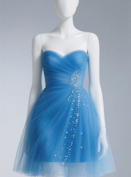 Cute Sweetheart Neck A-Line Tulle Short Prom Dresses, Blue Homecoming Dresses EW089