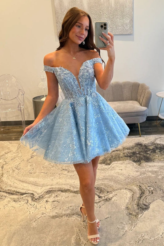 Elegant Light Blue Off Shoulder Lace Homecoming Dress with Glitter Tulle Skirt