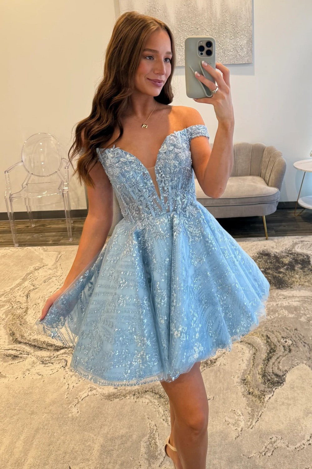 Elegant Light Blue Off Shoulder Lace Homecoming Dress with Glitter Tulle Skirt