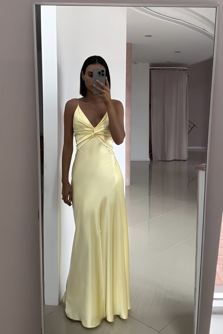 Yellow Fashion V-neck Spaghetti Straps Elegant Long Satin Back lace-up Ball Gown Evening Dress Party Dress gh3160